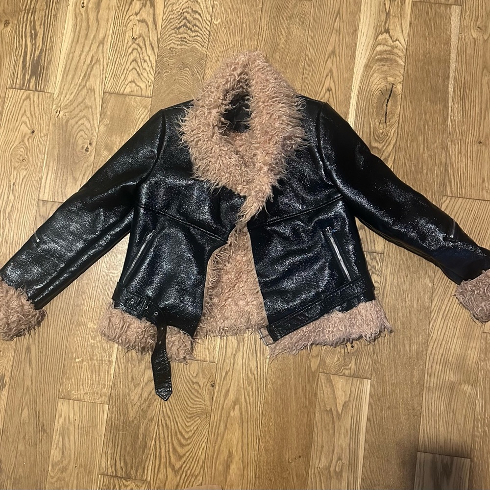 Vinyl Women's Jacket with Pink Fur